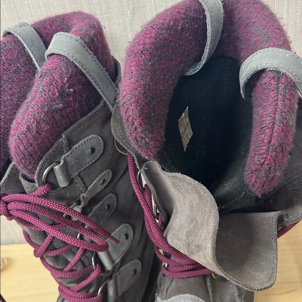Sorel Joan of Arctic Knit winter boots shale and purple colorway Women's 7